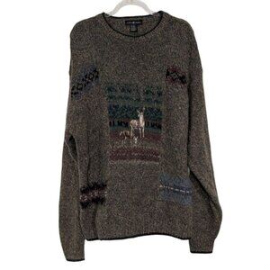 Cotton Traders Embroidered Deer Sweater Mens Size XL Beige Wool Blend Crew Neck